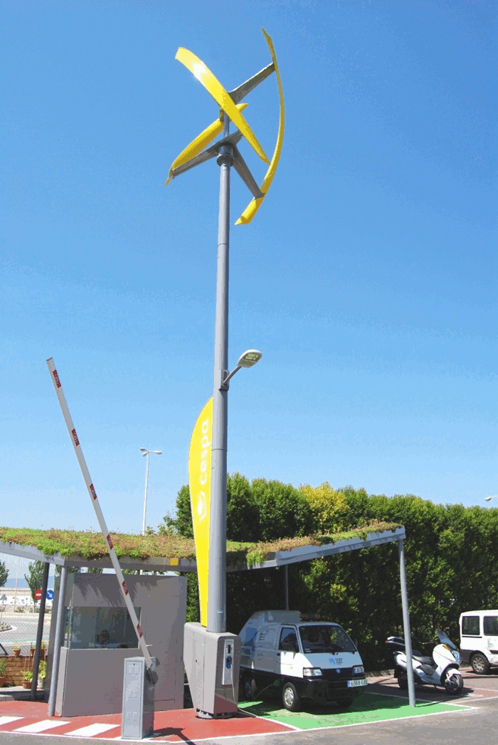 Vertical Wind Turbine at the world's first wind powered electric vehicle recharging station. 